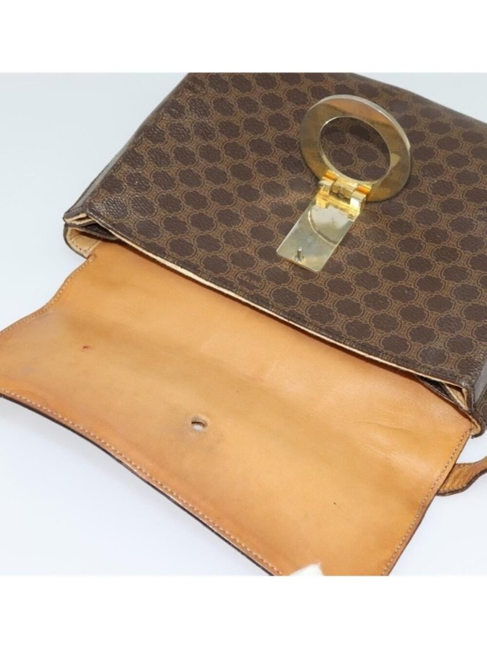 Authentic CELINE Macadam Canvas Circle Shoulder Bag PVC Leather Brown Gold - Picture 7 of 16